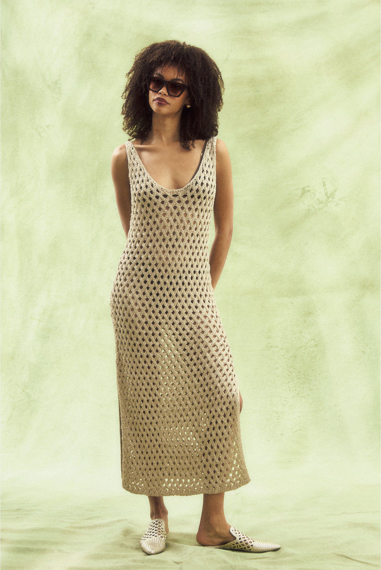 Vestido Largo V Calado Do Reis Beige