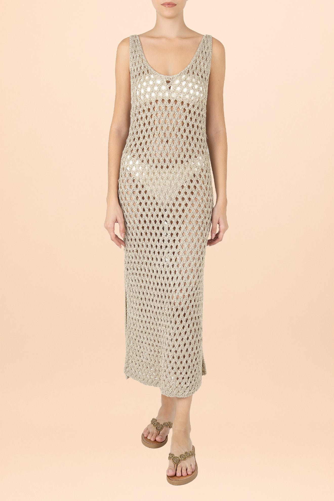 Vestido Largo V Calado Do Reis Beige