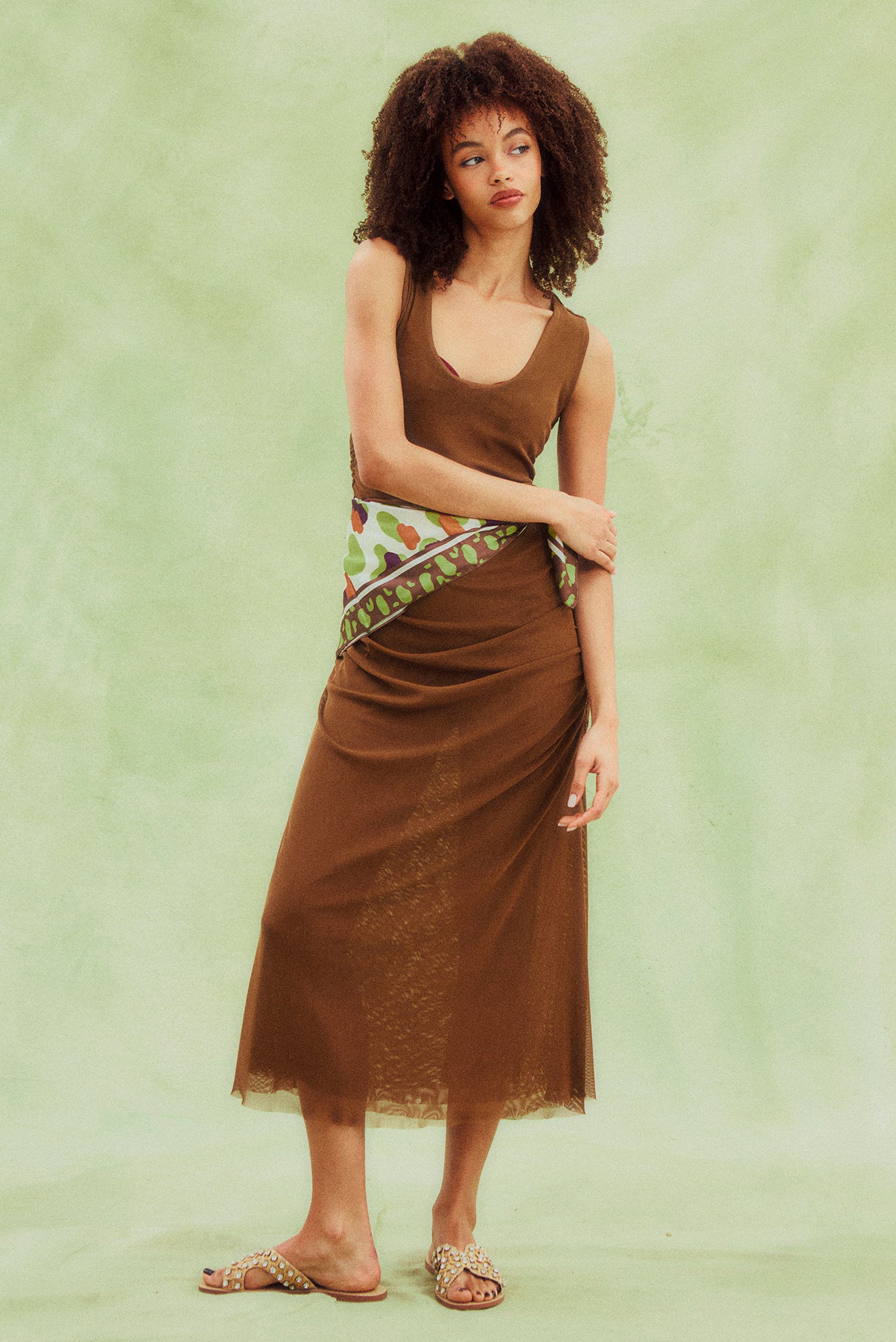 Brown Long Mesh Dress