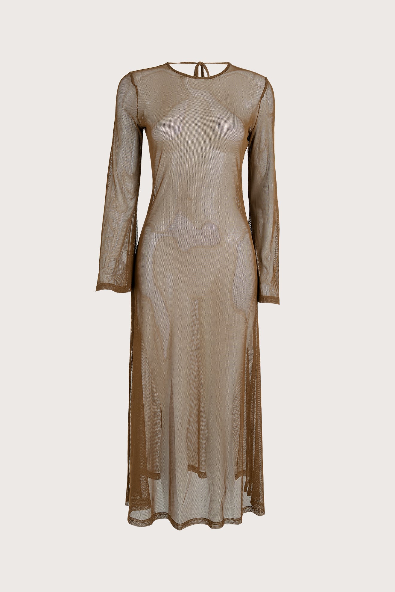 Brown Long Mesh Bell Sleeve Dress