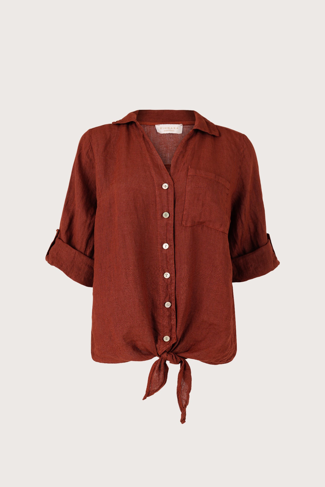 Camisa Amarre Lino Sienna, vista frontal