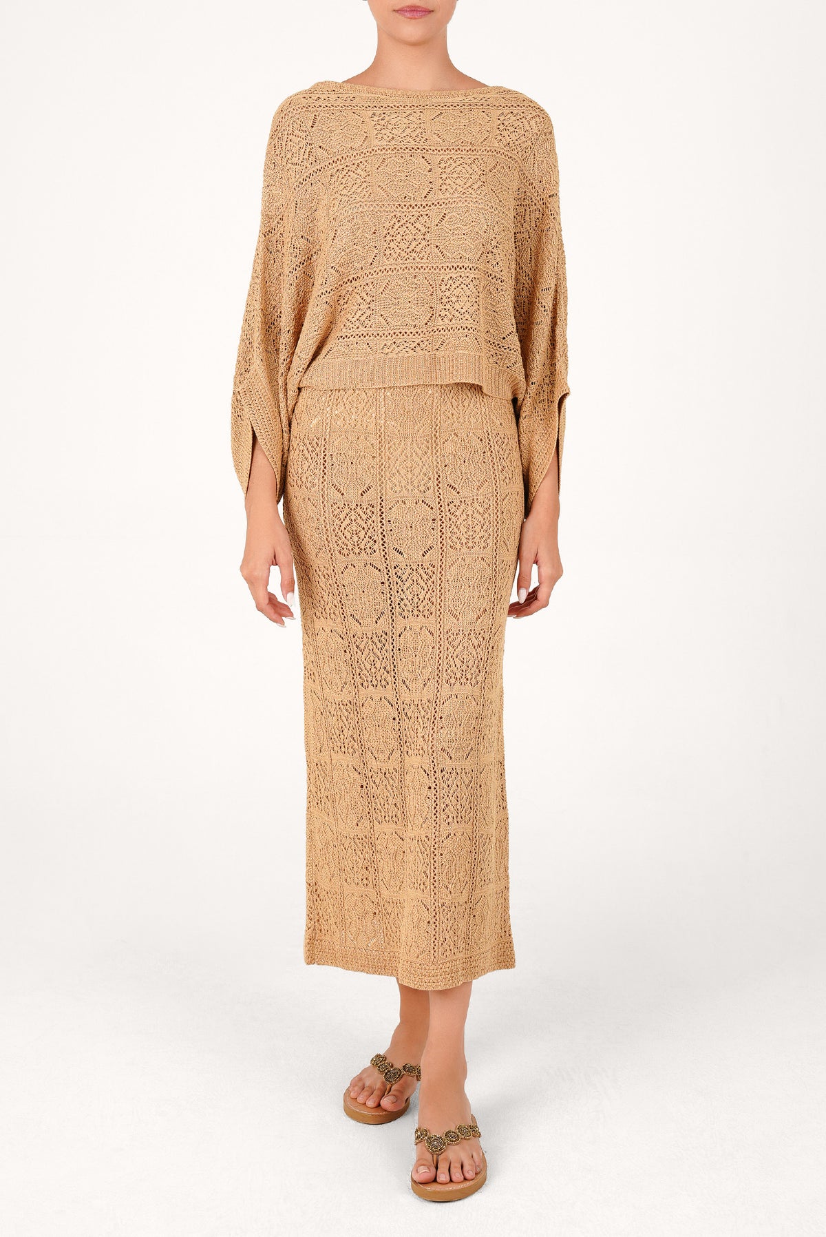 Beige open-knit poncho