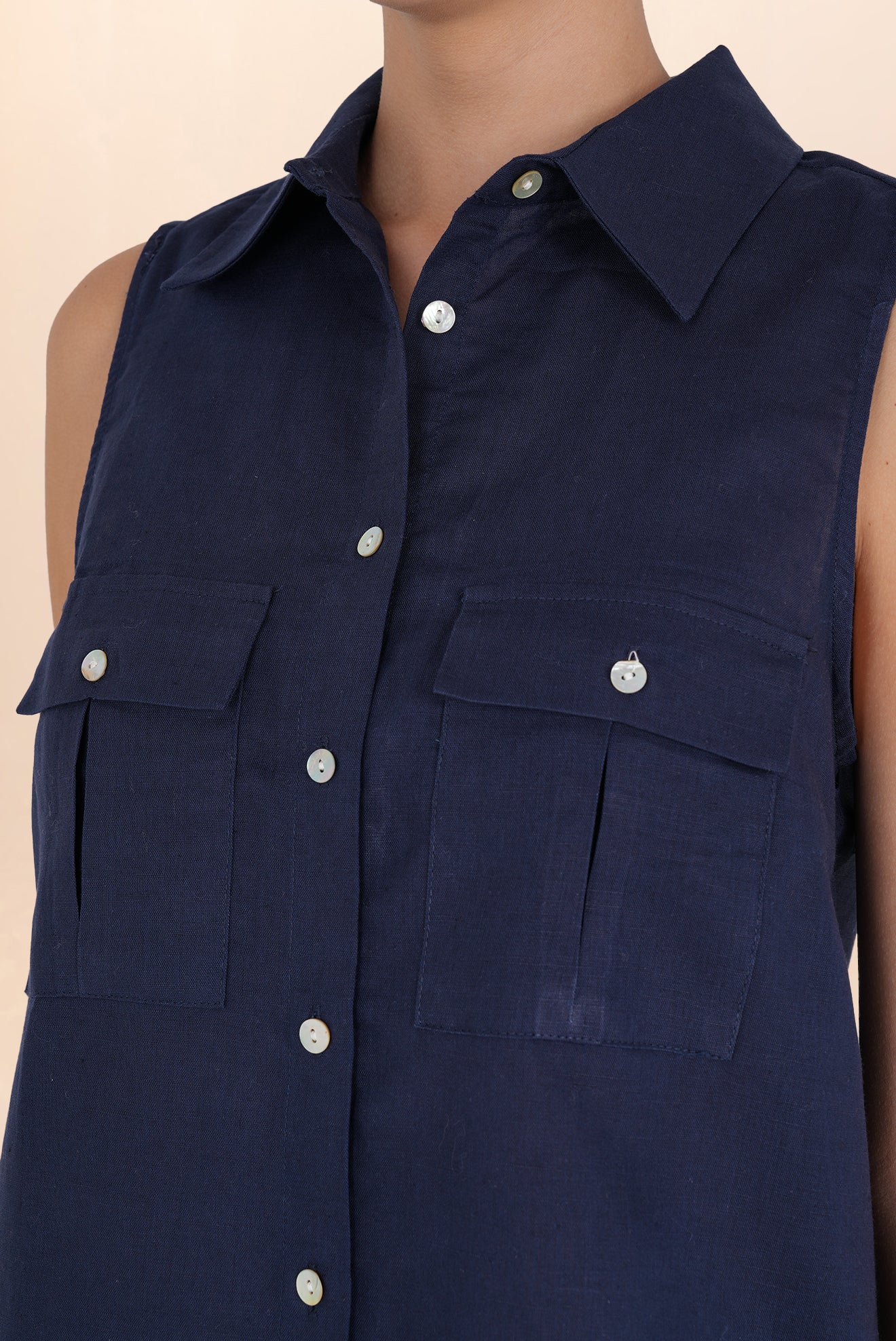 Camisa de Botones de Lino Azul