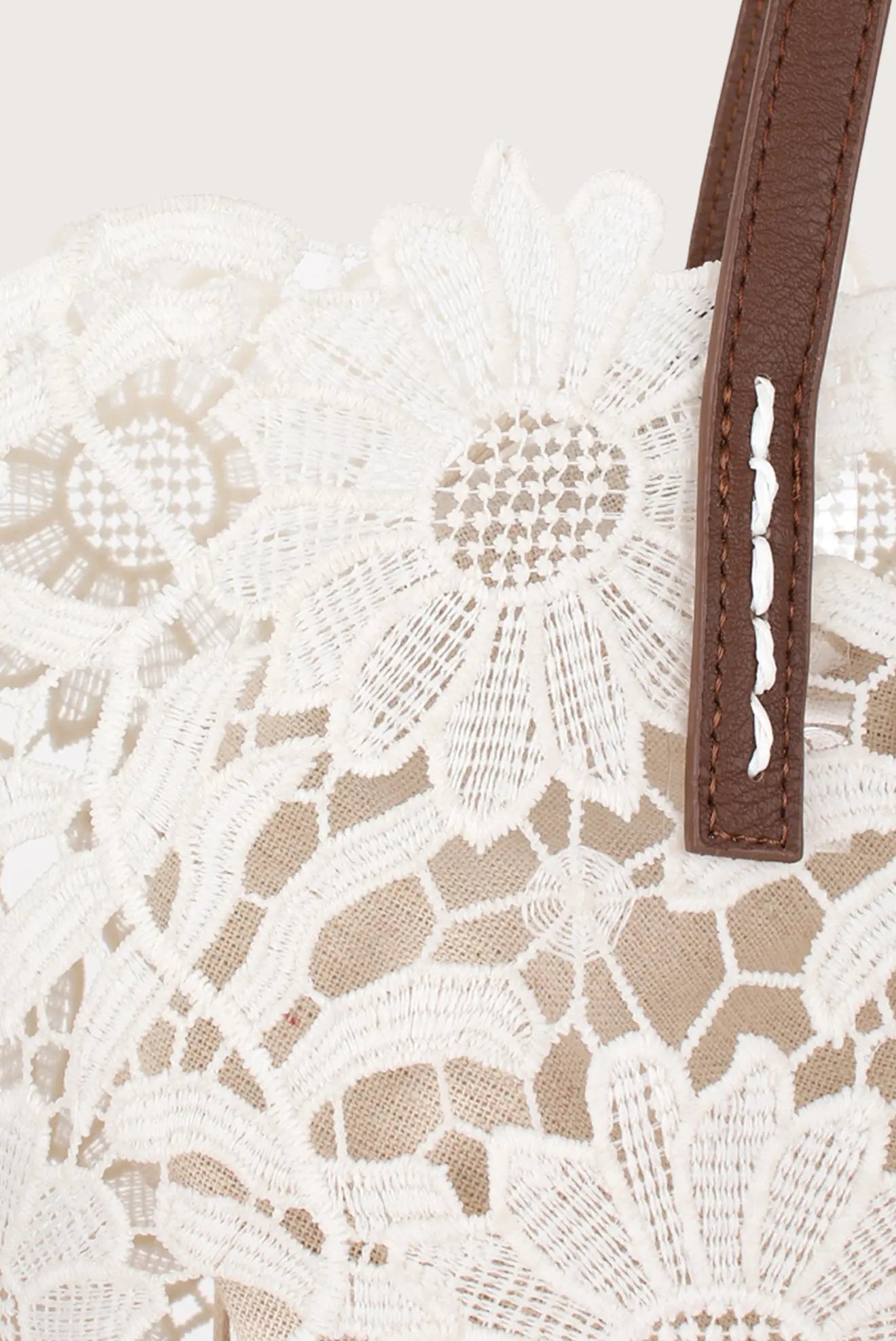 Kivu Cream Tote with Sunflower Floral Lace and Brown Handles | Zingara