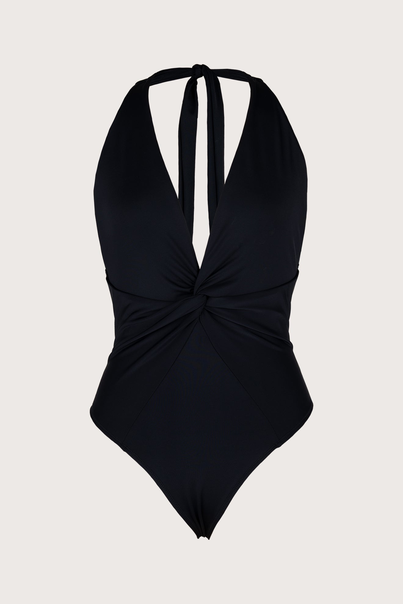 Black halter one-piece with center knot and neck strap