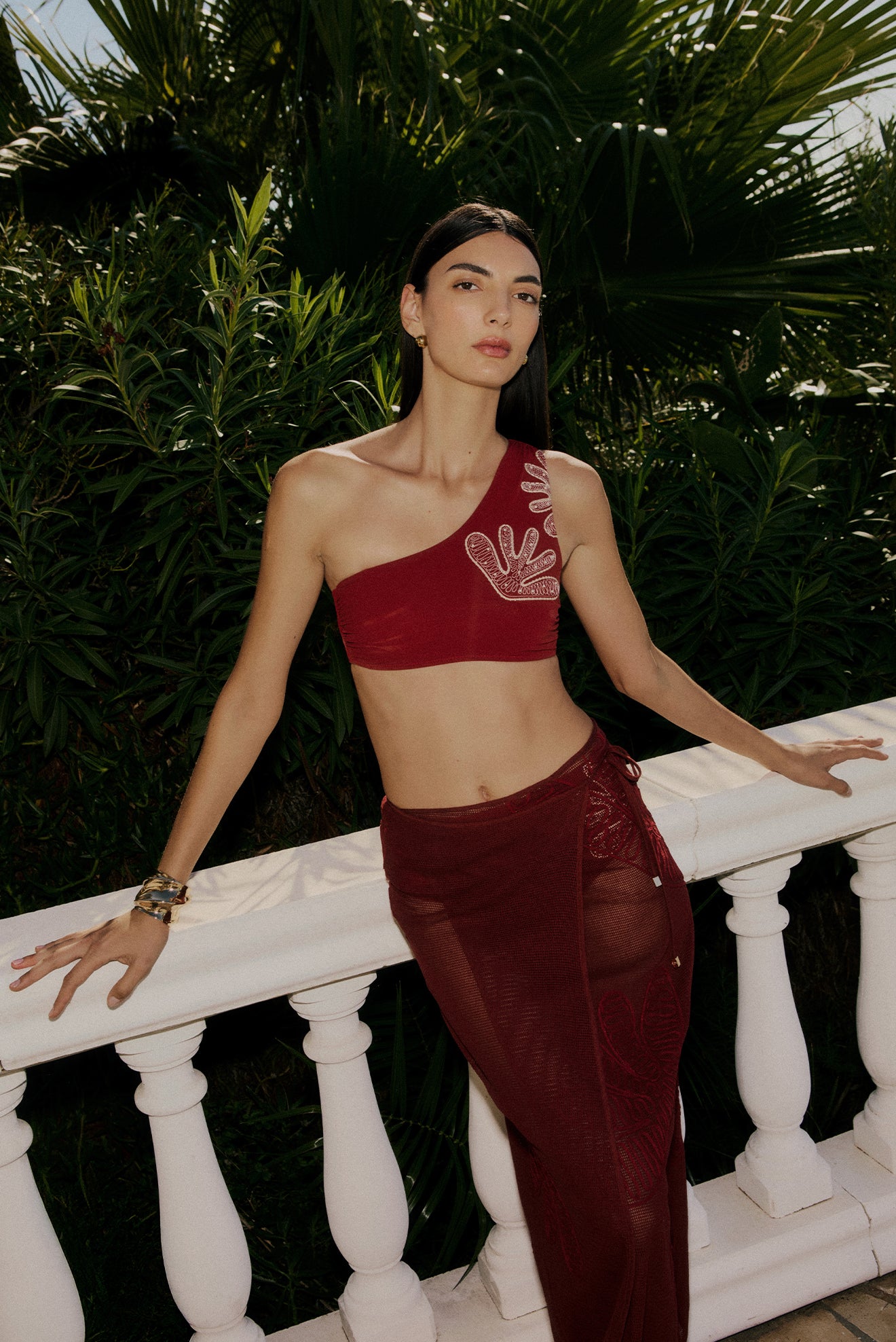Caraiba Wine One-Shoulder Embroidered Top