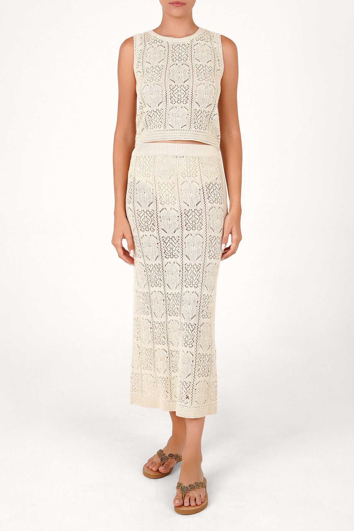 Long off-white open-knit skirt
