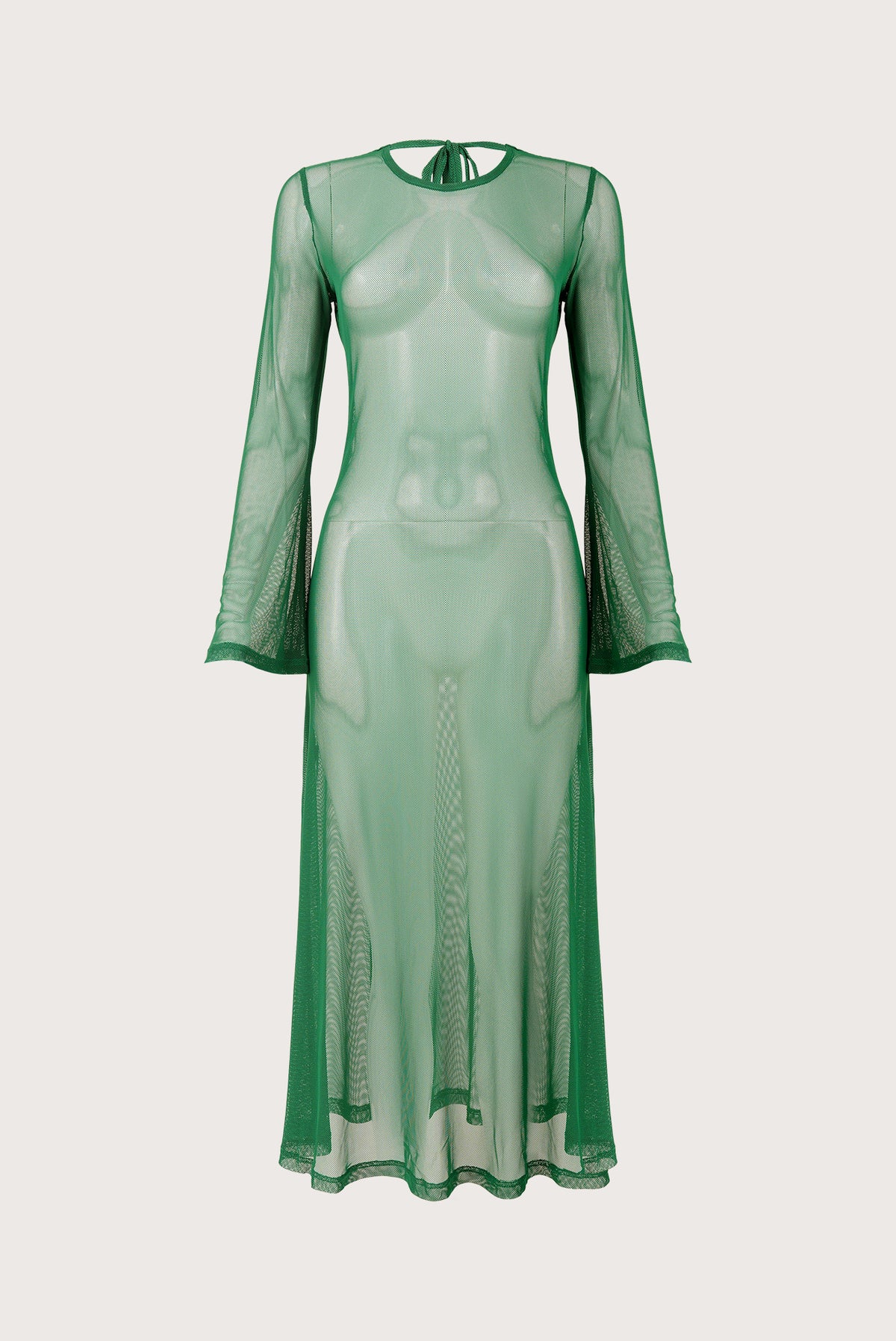 Long green mesh bell-sleeve dress
