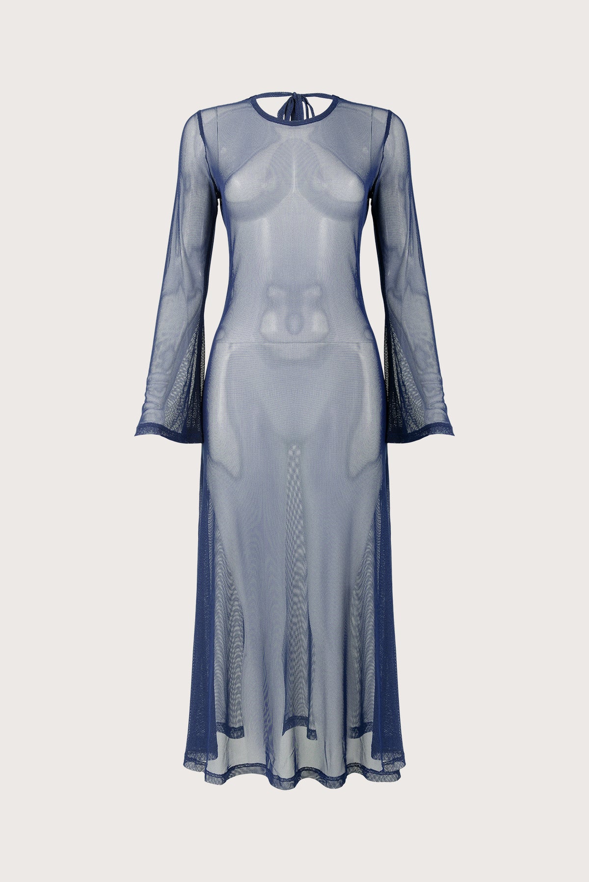 Long blue mesh bell-sleeve dress