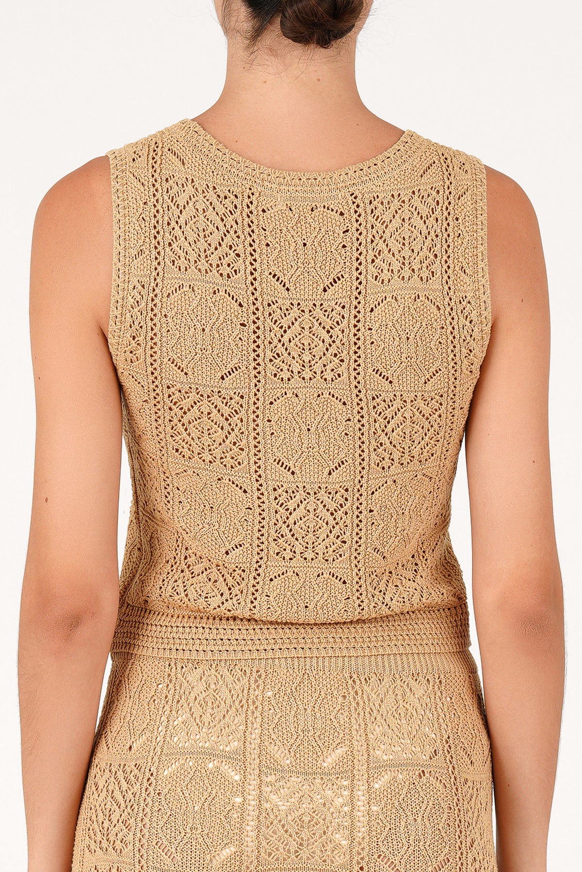 Beige sleeveless open-knit top