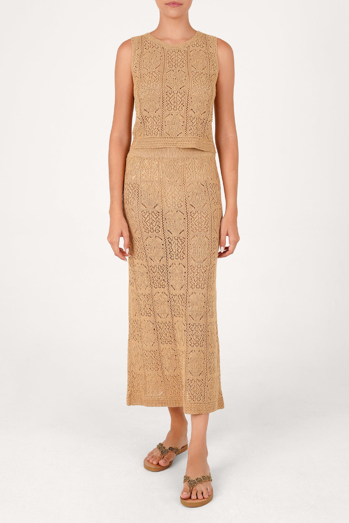 Beige sleeveless open-knit top
