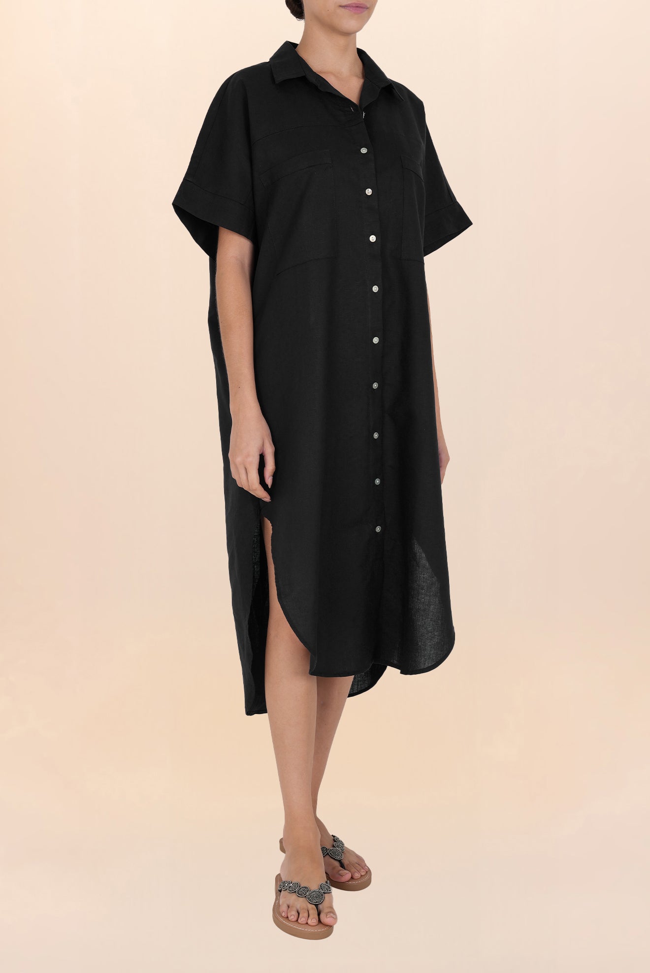 E LINEN × RAYON black L/S shirt Long Black Linen Shirt - Timeless Elegance