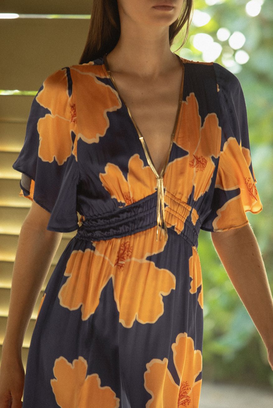 Pompeya Long Dress in Orange and Blue Floral | Sophisticated Look Pompeya Long Dress in Orange and Blue Floral | Sophisticated Look