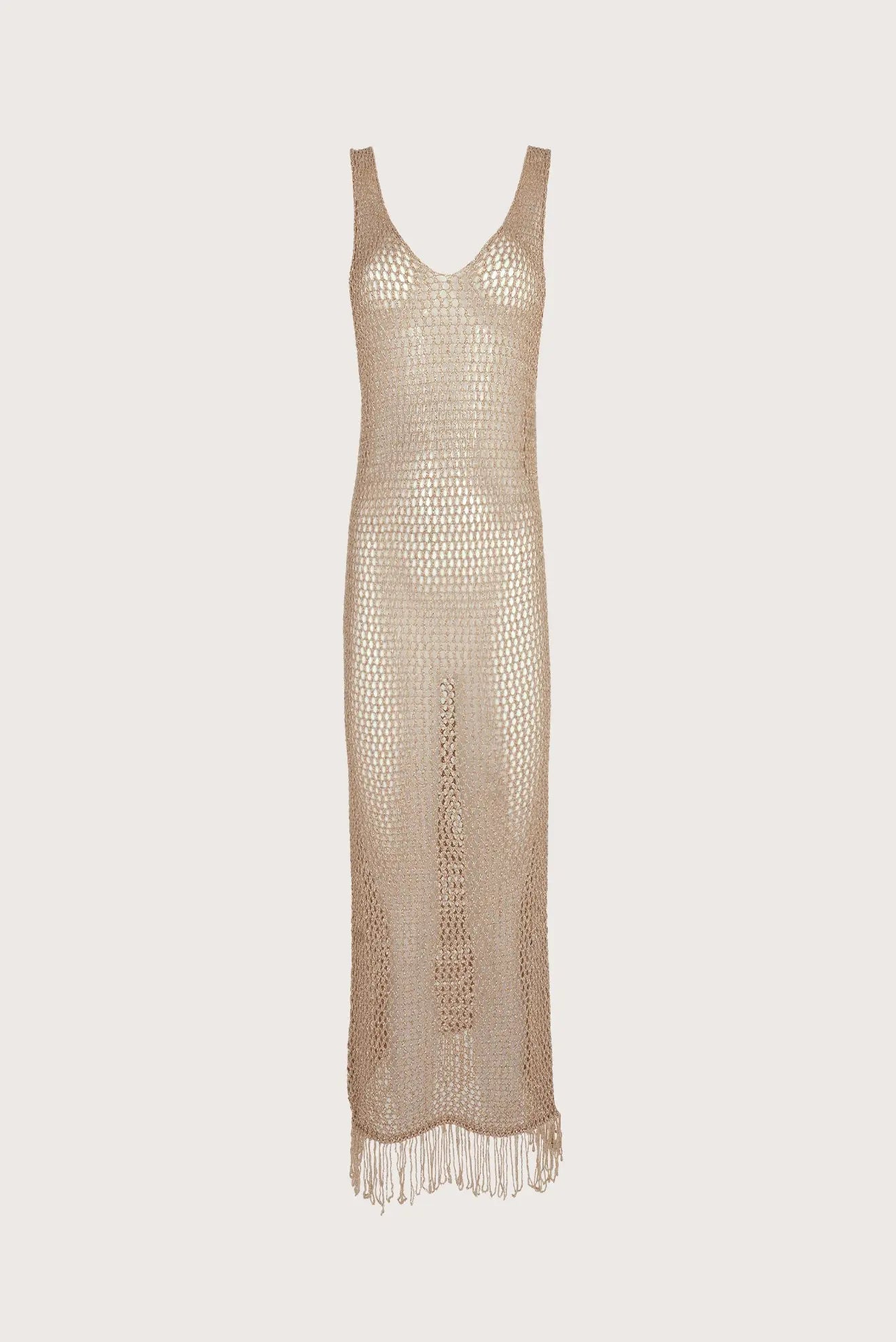 Long gold crochet dress with fringes