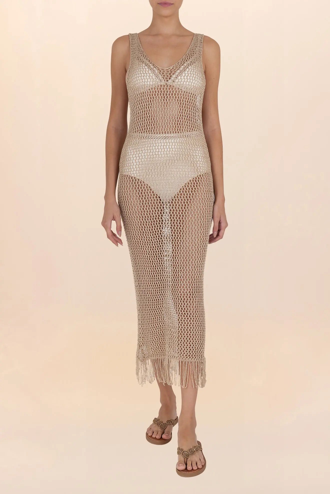 Long gold crochet dress with fringes | Timeless Essentials Zingara Long gold crochet dress with fringes | Timeless Essentials Zingara