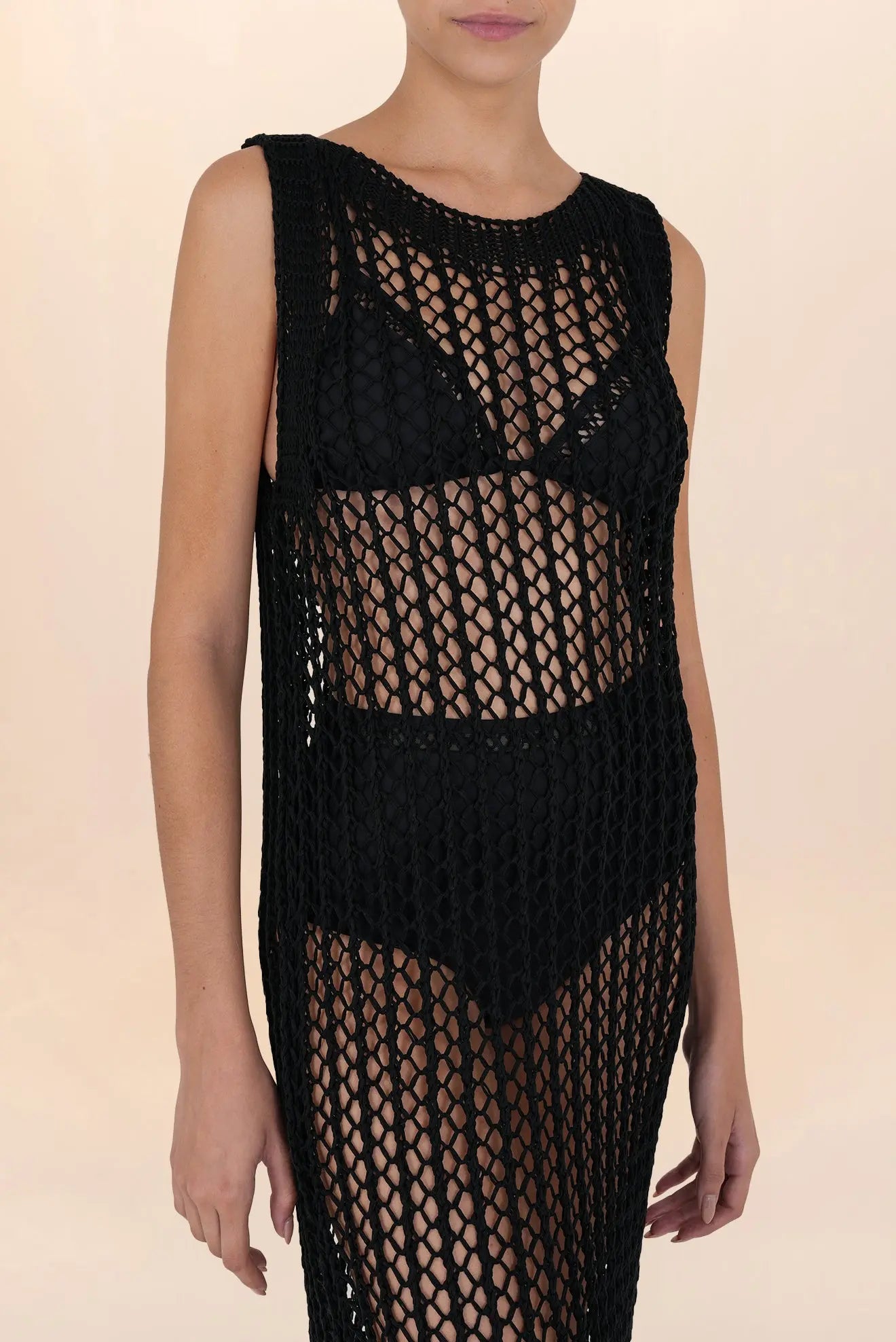 Long black sleeveless crochet dress | Timeless Essentials